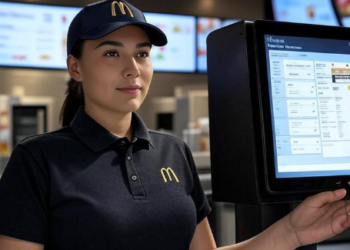"Inside a McDonald's restaurant, a staff member interacts with the Reflexis workforce management system on a digital device, such as a tablet or wall-mounted screen. The scene includes a modern, well-lit fast food kitchen in the background, with digital menus and efficient team coordination. The interface on the screen shows employee schedules, task tracking, and shift planning. The environment should feel dynamic, tech-driven, and organized."