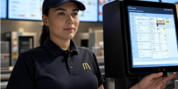 "Inside a McDonald's restaurant, a staff member interacts with the Reflexis workforce management system on a digital device, such as a tablet or wall-mounted screen. The scene includes a modern, well-lit fast food kitchen in the background, with digital menus and efficient team coordination. The interface on the screen shows employee schedules, task tracking, and shift planning. The environment should feel dynamic, tech-driven, and organized."