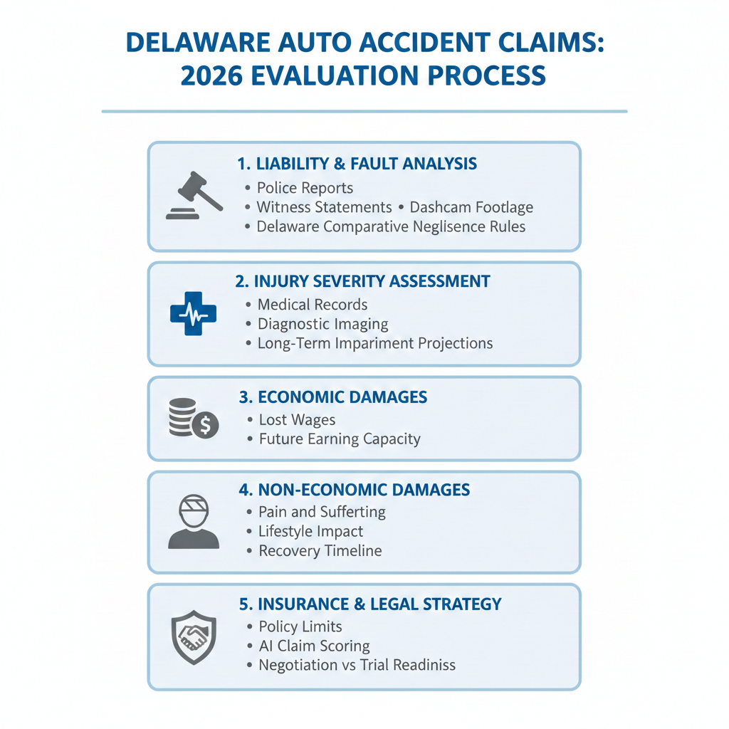 Infographic showing how Delaware auto accident claims are evaluated in 2026, including liability, injury severity, damages, and insurance strategy