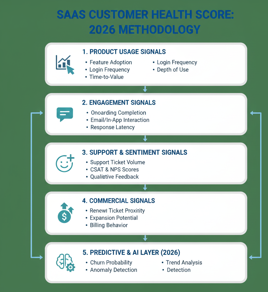 Infographic showing how customer health is calculated in SaaS platforms in 2026 using usage, engagement, support, commercial, and AI signals