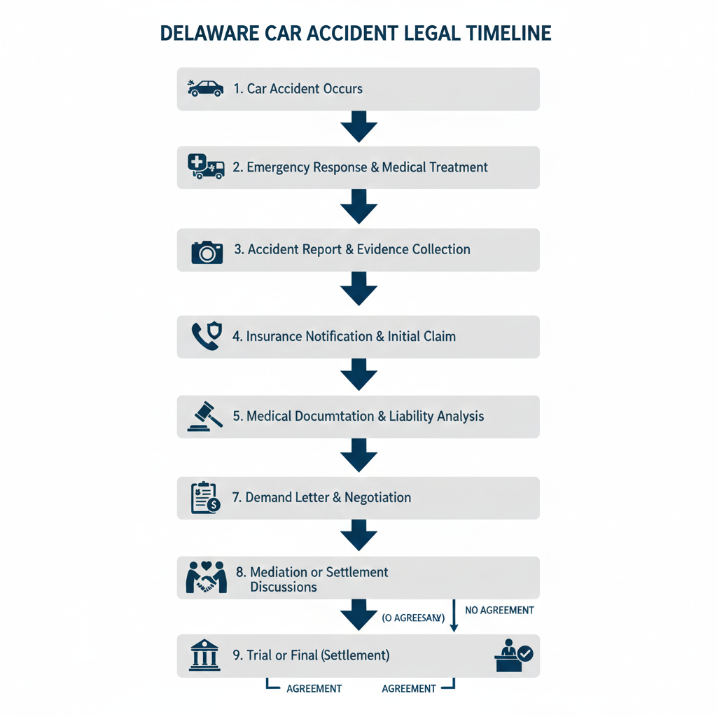 Flow diagram showing the legal timeline after a car accident in Delaware from accident to settlement or trial