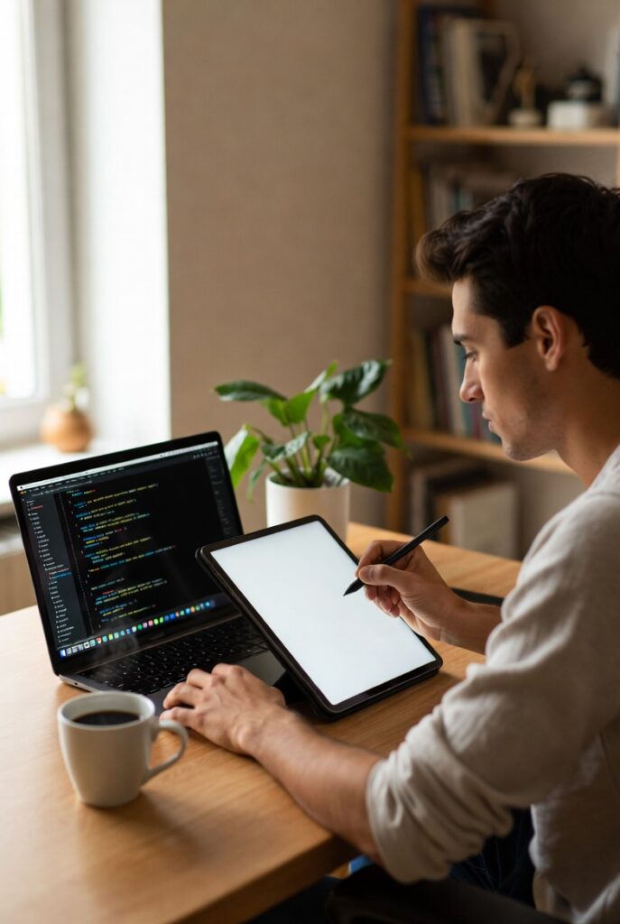 Developer using Microsoft Ink to Code to convert tablet sketches into app code on Visual Studio