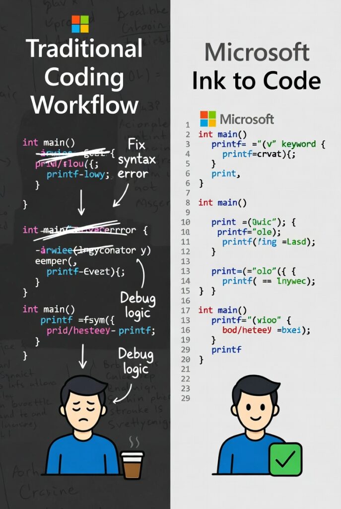 Comparison of traditional coding versus Microsoft Ink to Code AI converting sketches into code efficiently.
