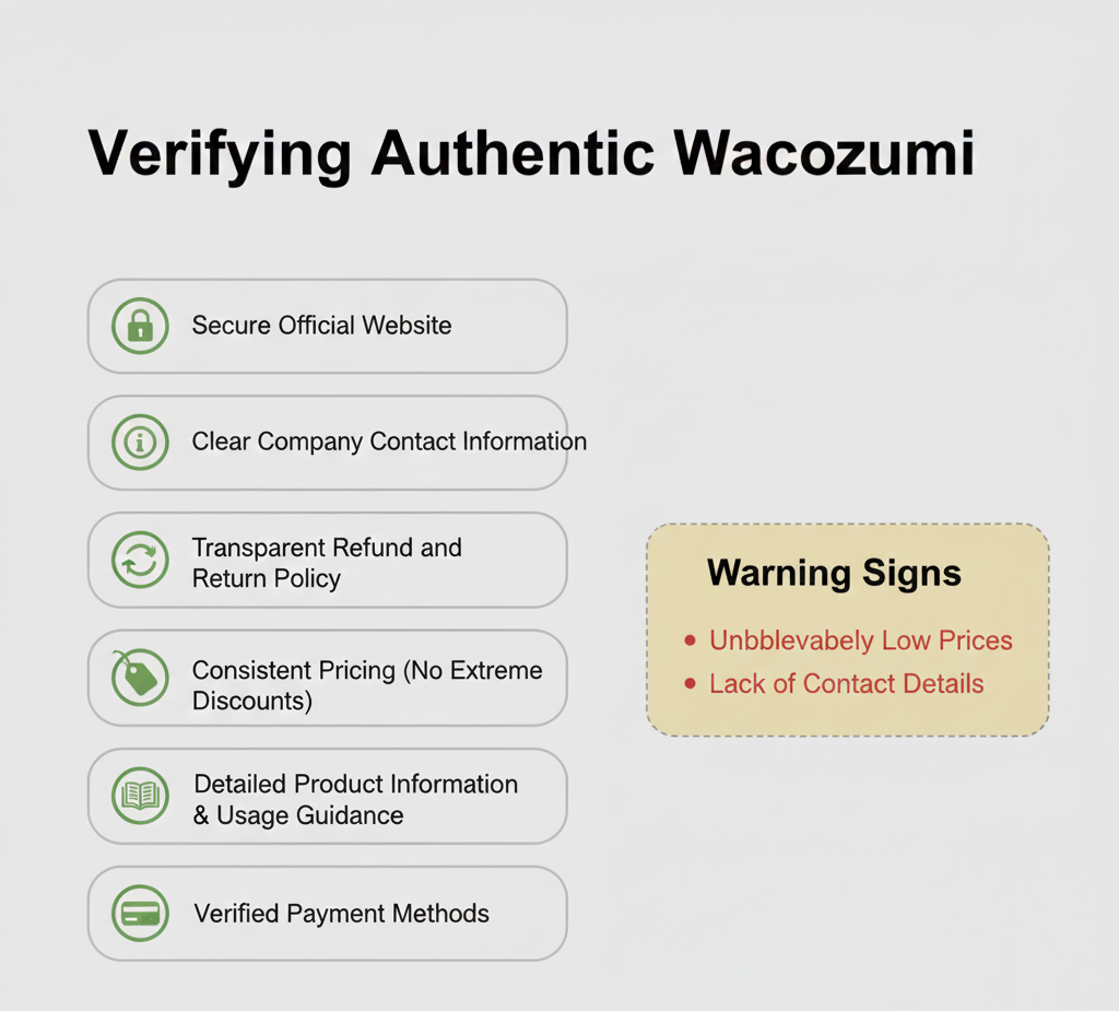 Checklist infographic showing how to verify authentic Wacozumi before buying online