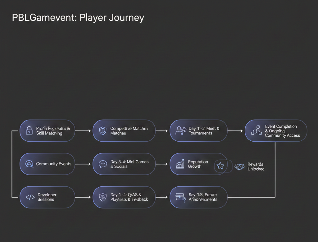 Player journey flow diagram showing progression through a multi-day online PBLGamevent event