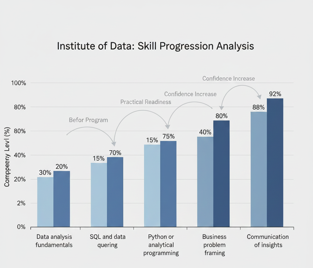 Chart comparing data skill levels before and after completing the Institute of Data program