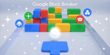 Google Block Breaker game screenshot showing colorful blocks, paddle, and ball in action